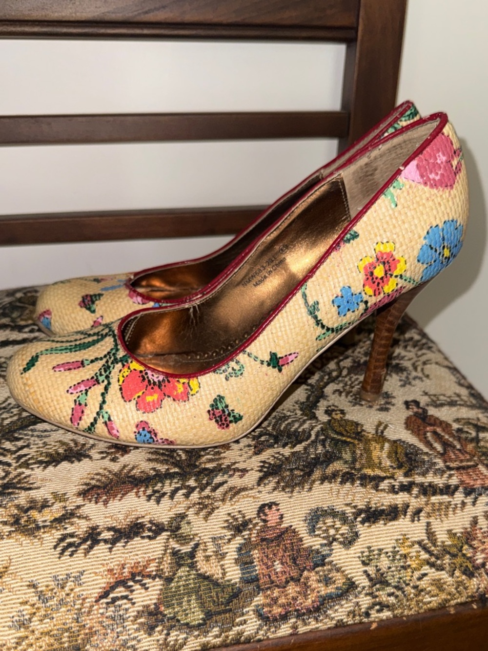 Naughty Monkey Floral Heels Pumps Straw Woven Multicolor Round Toe Size 8.5 - Picture 8 of 12